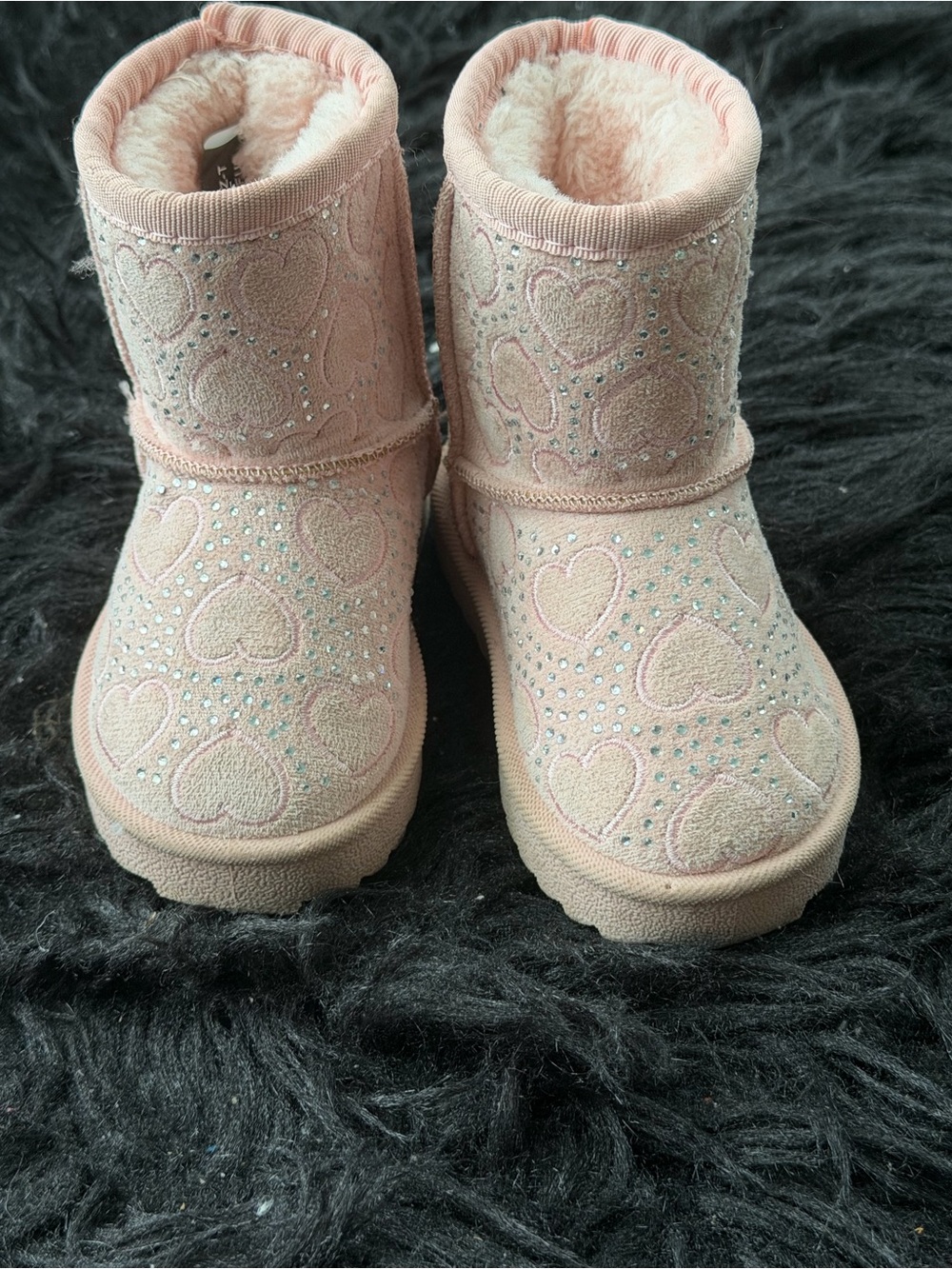 Kids Pink Heart-Print Faux-Fur Boots